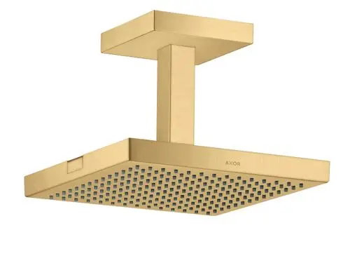 Deckenhängende Kopfbrause in gebürstetem Gold mit rechteckiger Form und gleichmäßigen Düsen, gefertigt von AXOR.